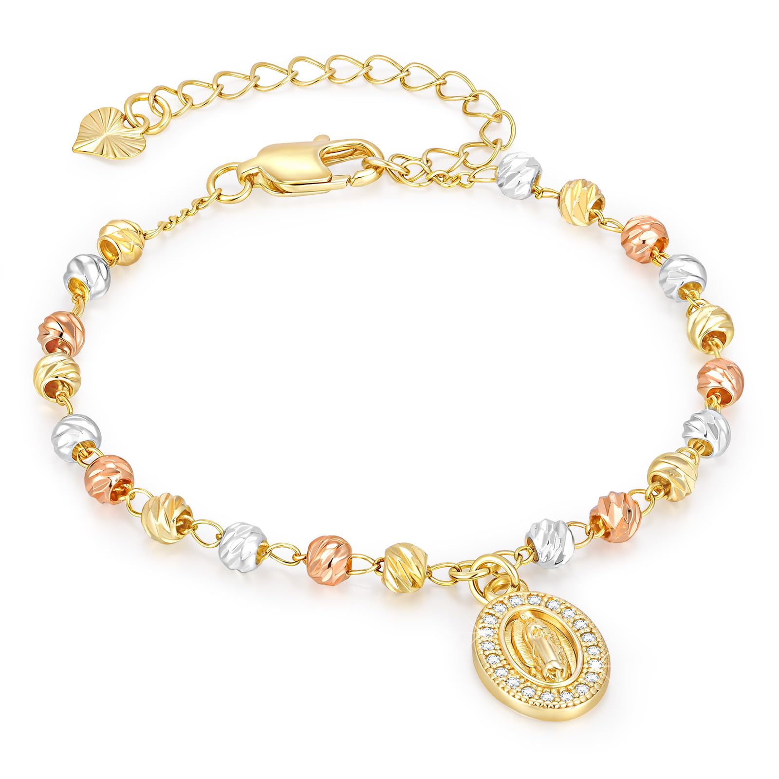 Women's Gold Virgin Mary Bracelets - 14k Gold Plated Rosary Beads Cross Bracelet,Hypoallergenic Non Tarnish Religious Rosarios Catolicos Virgen de Guadalupe Jewelry,Catholic Baptism Gift for Her