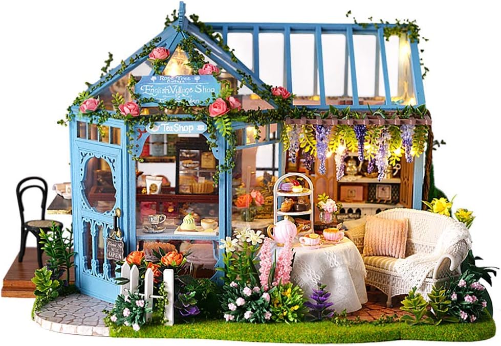 CUTEROOM DIY Miniature House Kits for Adult Wooden Dolls House Handcraft Creative Room for Decoration Model House Kit with Furniture- Rose Garden Tea House