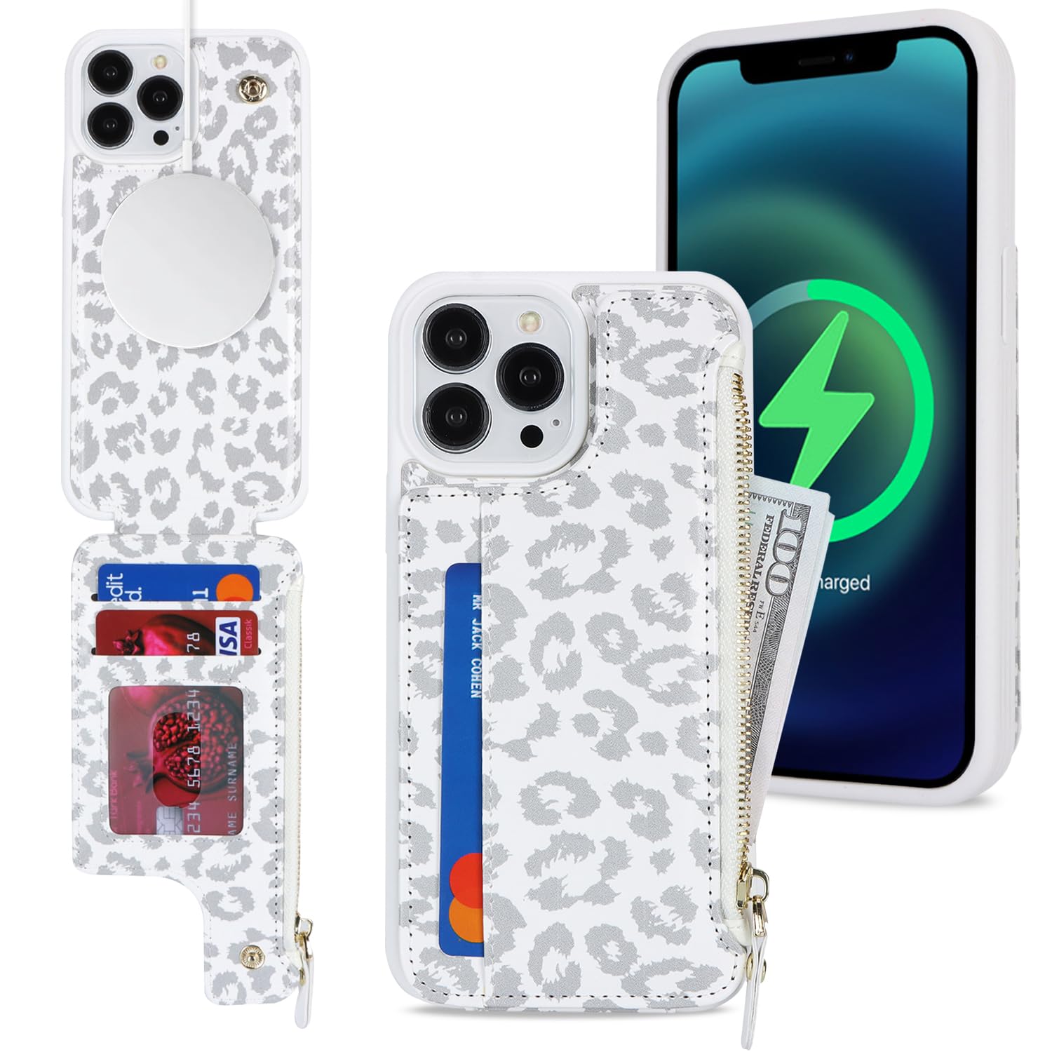 SailorTech iPhone 14 Pro Max Case with Credit Card Holder magsafe, iPhone 14 Pro Max Phone Leather Case Wallet for Women Compatible mag safe Card Slots Zipper Shockproof Case for Men - White Leopard — image 1
