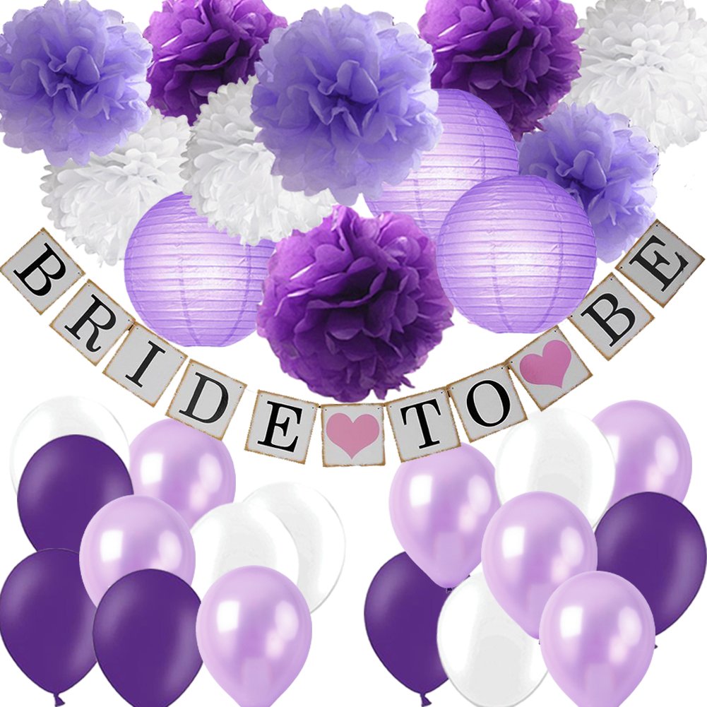 thumbnail image 2 of Purple Bridal Shower Decorations Kit - Banner, Pom Poms, Lanterns, Balloons For Bachelorette Party 2 of 11