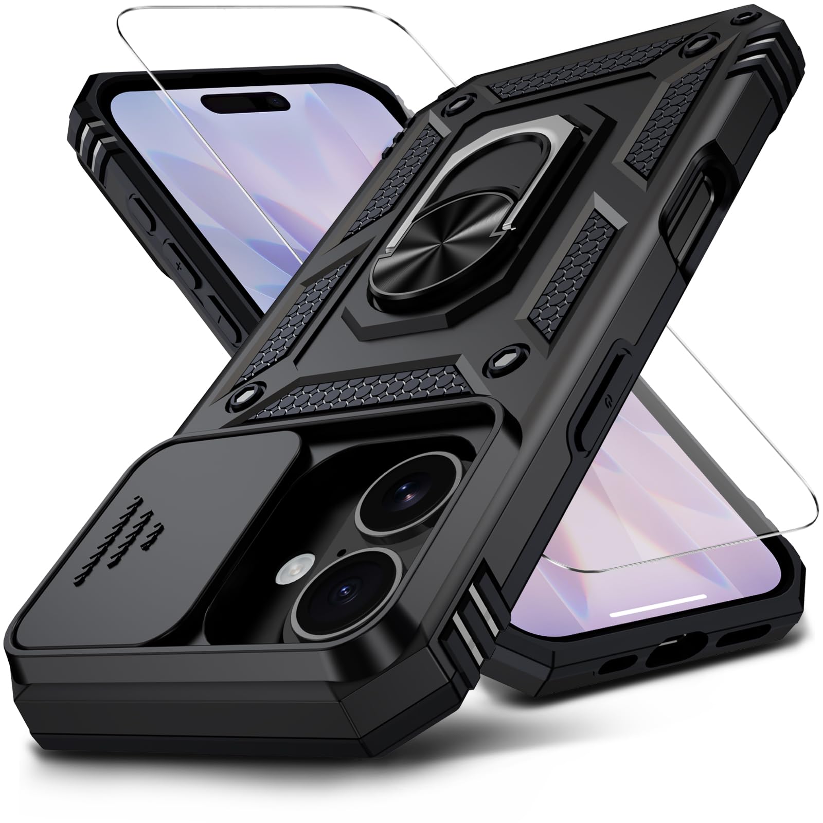 Photo 1 of Muntinfe for iPhone 17 Case with HD Screen Protector & Slide Camera Cover & Rotated Ring Kickstand, [Military-Grade] Rugged Heavy Duty Protective Phone Case for iPhone 17 6.3 inch, Black