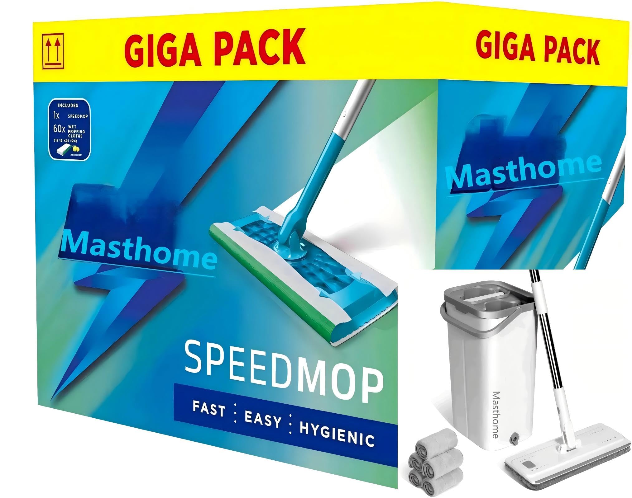 Masthome Mop and Bucket Wringer, Flat Microfibre Mop with Stainless Steel Handle and 10 Reusable Mops for Wood, Laminate, Tiles and Marble Floors
