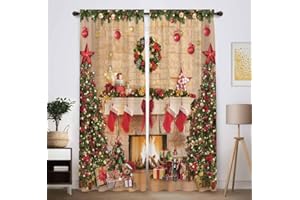 Funnytree Christmas Fireplace Window Curtains for Kids Merry Xmas Winter New Year's Eve Tree Gifts Holiday Baby Bedroom Nursery Toddler Home Party Decor Durable Fabric Machine Washable 82 in x 84 in