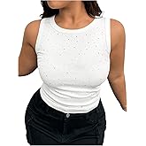 WDIRARA Women's Plus Size Rhinestone Ruched Tank Top Sleeveless Rib Knit Tops