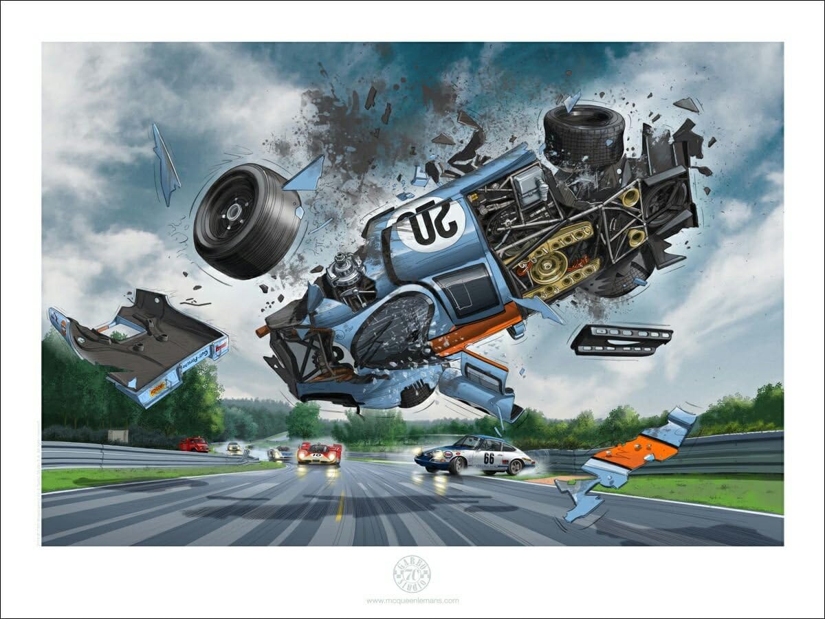 Garbo Studio From Steve McQueen in Le Mans - Perfect Racing Car Colorful Satin Art Print “Porsche #20 Flying in The Air” - McQueen Porsche 917 Design Room Decoration Wall Mural - 80 x 60 cm