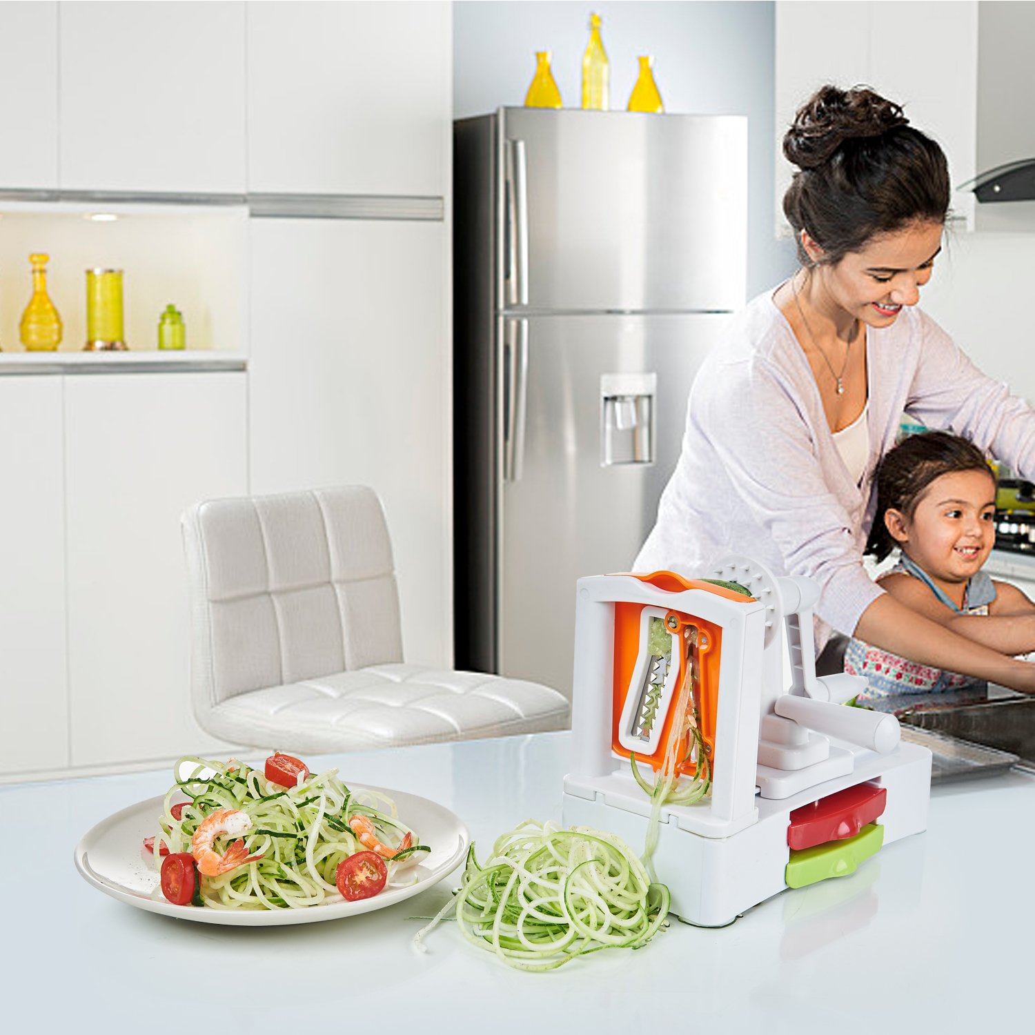 Spiralizer Vegetable Slicer - 5-Blade Veggie Spiral Slicer with Powerful Suction Base, Fit Kitchen Veggie Pasta Salad Creations, Cut and Shred Zucchini Zoodles, Cucumbers, Onions, BPA Free