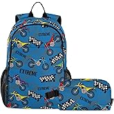 Emelivor Motorcycles Kids Backpack for Girls Boys School Bookbag with Insulated Lunch Box for Hight Middle School Book Bag