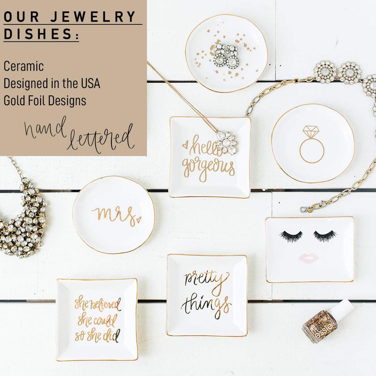 Sweet Water Decor Jewelry Dish Tray | Great for His and Her Engagement Engaged Ring Dish Holder Bride Ring Holder Gold Ceramic Trinket Tray Wedding Accessories (Mrs): Home Improvement