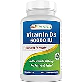 Best Naturals Vitamin D3 50,000 IU with MK-7 K2 200 mcg – 90 Veg Capsules – High Potency – Non-GMO, Gluten Free