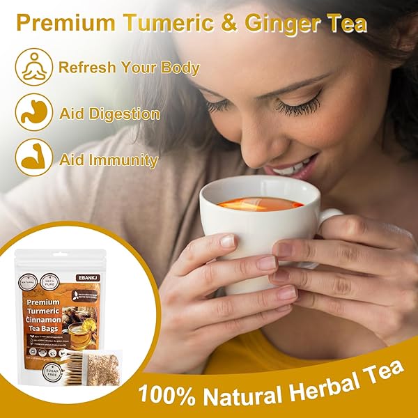 EBANKJ TURMERIC AND CINNAMON TEA BAGS – 60 HERBAL TEA BAGS – CAFFEINE-FREE, SUGAR-FREE, NATURALLY RELIEVES STRESS AND BOOSTS IMMUNITY – HANDCRAFTED HEALTH TEA