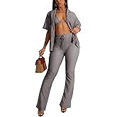 ZERMOM Women's 2 Piece Crochet Outfits Hollow Out Swimsuit Button Up Tops Wide Leg Pants Beach Sets
