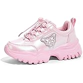 LUCKY STEP Kids Chunky Sneakers Fashion Platform Walking Tennis Shoe Sparkly Butterfly Faux Leather Elastic No-tie Laces School Shoes for Girls Boys