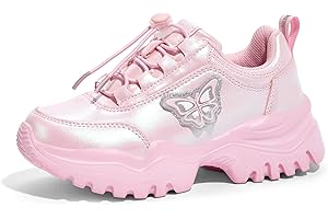 LUCKY STEP Kids Chunky Sneakers Fashion Platform Walking Tennis Shoe Sparkly Butterfly Faux Leather Elastic No-tie Laces School Shoes for Girls Boys