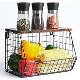 Fruit Bowl for Kitchen Counter Stackable Wall Mounted Hanging Basket Wire Basket with Wood Lid with Banana Hanger Hooks, Onion,Potato,Fruit and Vegetable Storage