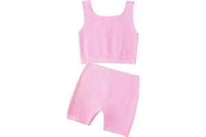 EXARUS Girl's 2 Piece Outfits Workout Set Seamless Ribbed Cropped Tank Tops and Athletic Shorts Summer Kids 6-14Y