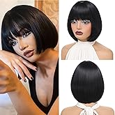 Lanseek Short Black Bob Wig with Bangs 10 Inch Short Synthetic Bob Wigs Bangs for Women Natural Looking for Daily Use (Natural Black)