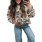 Dasimutko Womens Pullover Sweater Western Print Knit Tops Boho Drop Shoulder Brown Bows & Horseshoes