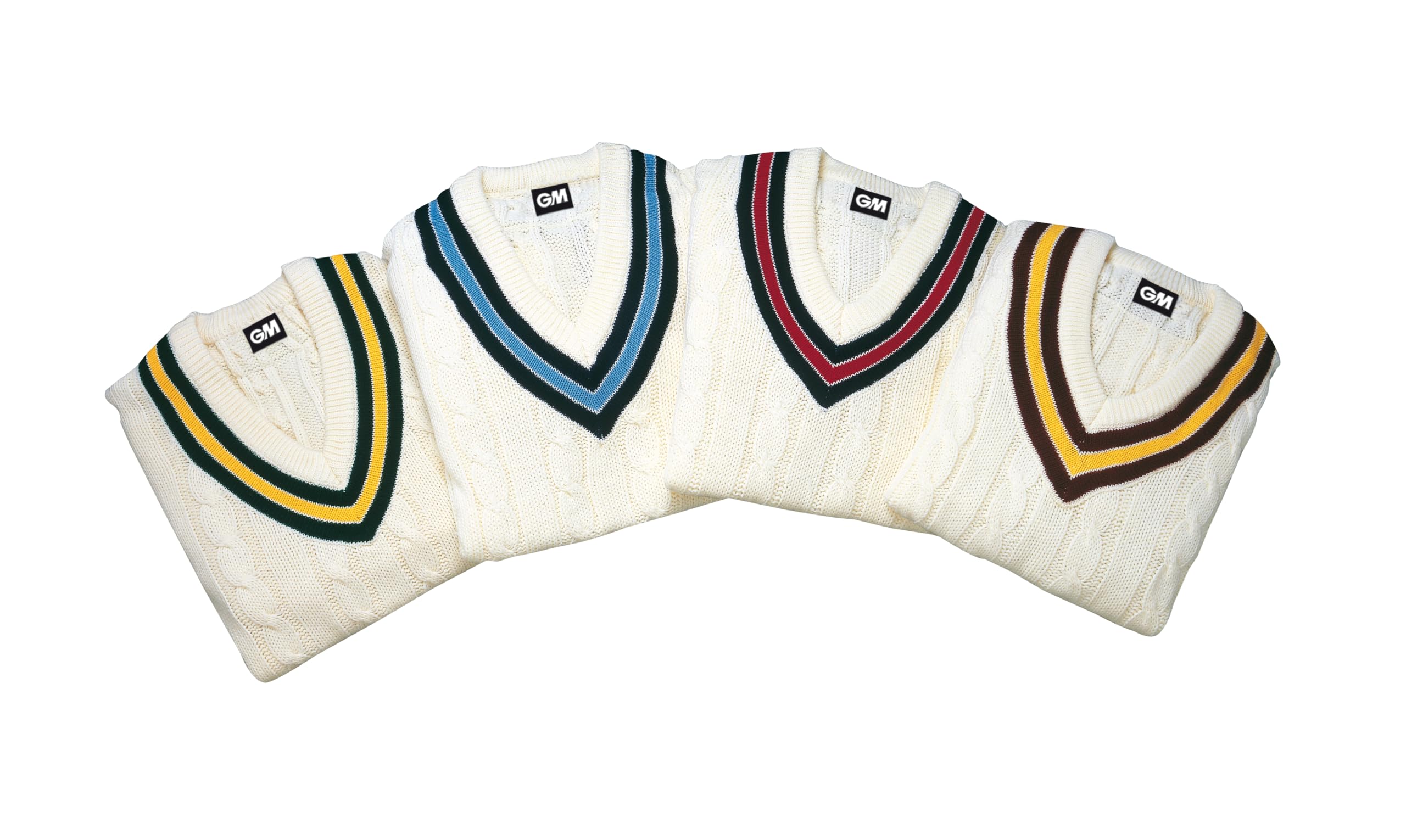 Gunn & Moore GM | Cricket Sweater Jumper Pullover | Classic Heavy Cable Knit | Long Sleeve | Cream with Maroon & Amber Trimmed Collar | Large to fit Chest 42"