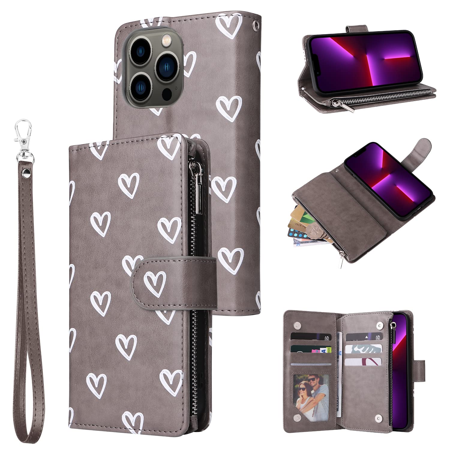 UEEBAI Wallet Case for iPhone 12/iPhone 12 Pro 6.1 inch, Premium Vintage PU Leather Magnetic Handbag Zipper Pocket Case Kickstand Card Holder Slots Wrist Strap TPU Shockproof Flip Cover - Heart Grey