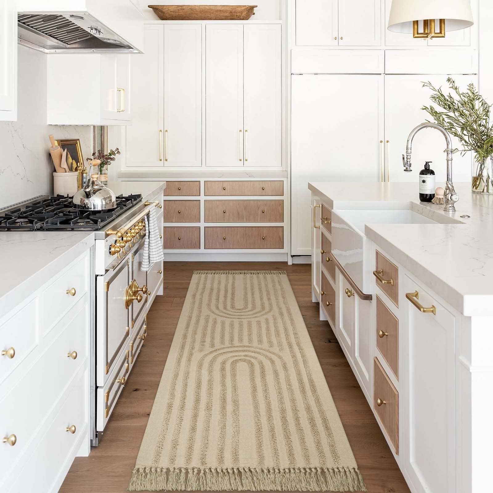 Photo 1 of LEEVAN Hallway Runner Rug, 2.6' x 10', Tan, Woven, Cotton, Rainbow Pattern, Low-Profile, Washable, Stain Resistant