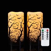 Homemory Halloween Flameless Candles with Remote, IP65 Waterproof | Flickering Battery Operated Outdoor Candles for lanterns, Spooky Tree Bat, LED fake Candles for Halloween Decor