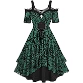 ROSE GAL Plus Size Gothic Lace Up Flocking Floral Layered Cold Shoulder Flowy Dress