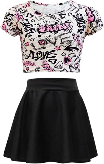 Girls' Print Crop Top & Black Skater Skirt Set | Age 7-13 Years | Cute Outfit For Kids