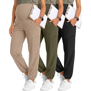 Locoowai 3 Pack Women's Maternity Jogger Scrub Pants | Over The Belly, Elastic Drawstring Waist, 6 Pockets, Joggers with Draw