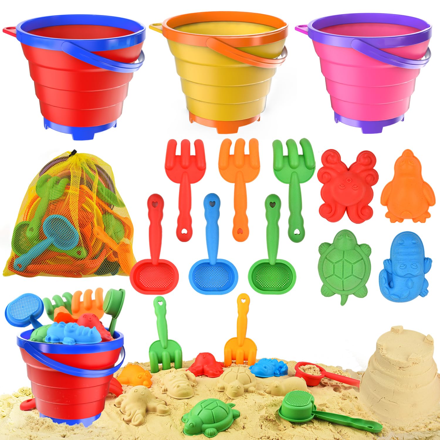 Fegalop Collapsible Beach Toys for Toddler,Sandbox Toys for Kids 3 Packs Foldable Buckets with Sand Molds,Shovels&Mesh Bag for Beach Summer Outdoor Activities,Travel Outdoor for Kids Boys Girls