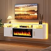 LEMBERI Floating Fireplace TV Stand 70'' Wall Mounted Shelf, LED Light Entertainment Center and Storage, Modern Wood Media TV Console with Highlight Cabinet for Living Room (White)