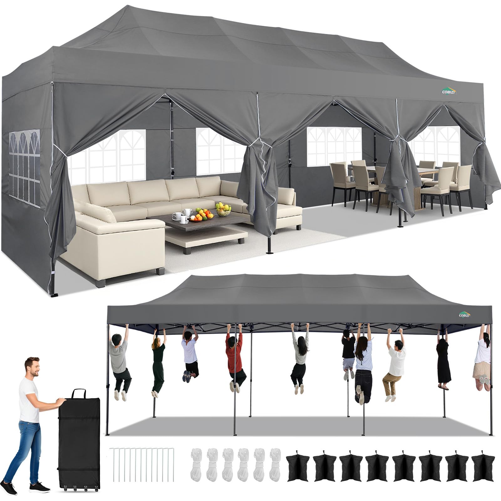 COBIZI 10x30 Heavy Duty Pop Up Canopy Tent with 8 Sidewalls Thicken Frame, Commercial Easy Up Outdoor Wedding Party Tents, All Season Waterproof Windproof with Stakes Sandbags Ropes Roller Bag, Silver Image