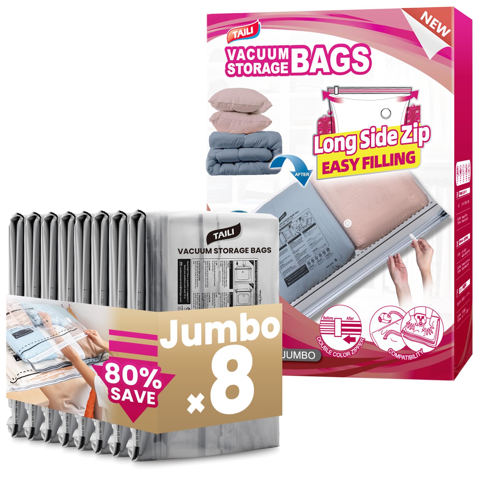 TAILI Vacuum Storage Bags With Long Side Zip 8 Pack 100 x 70 CM Extra Large Vacuum Bags for Clothes, Duvets, Bedding, Travel Reusable Compression Zipper Storage Space Saver