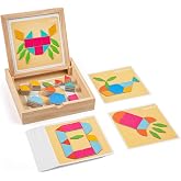 ISMETACU Wooden Magnetic Pattern Blocks Set, 130 PCS Montessori Tangram Puzzle with Design Cards, STEM Educational Learning Toys for Kids Ages 4-8, Creative Gift for Boys &amp; Girls