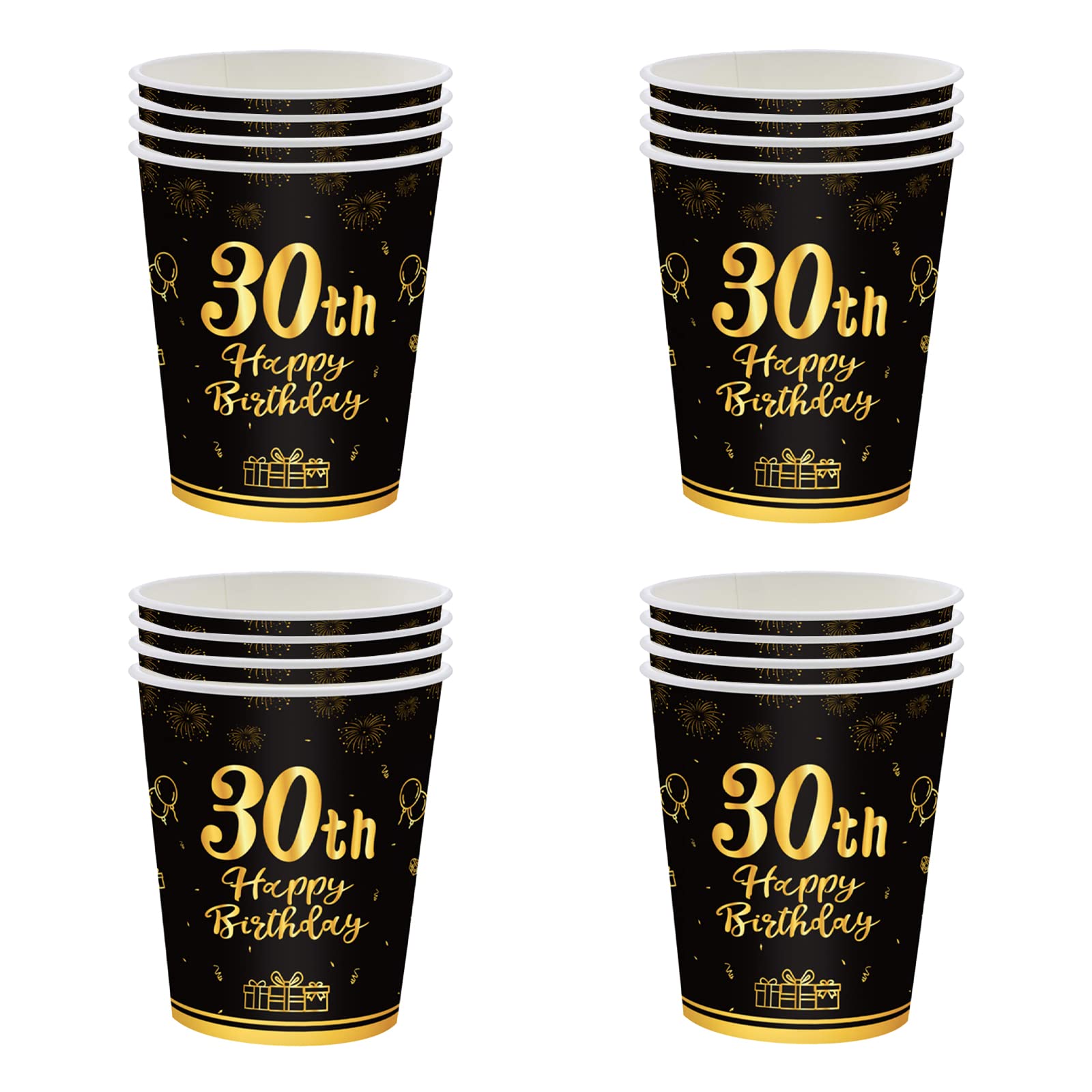 YAAVAAW Happy 30th Birthday Paper Cups Black and Gold, 16Pcs Disposable Tableware Party Cups, Decorations Cup for Men, Women, Him, Her Supplies Table Decor