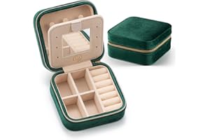 VOMNA Plush Velvet Jewelry Travel Case,Small Jewelry Box,Traveling Jewelry Organizer,Portable Jewellery Storage Holder for Rings Earrings Necklace Bracelet, for Girls Women | Green-Mirror