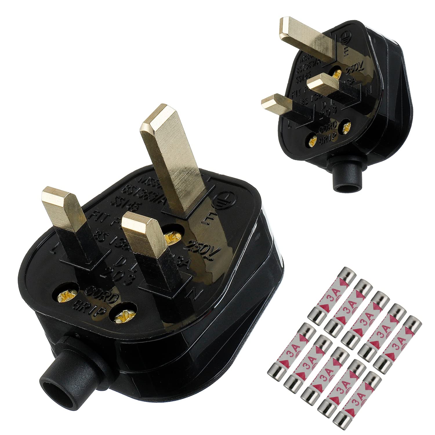HUAREW 3A Fused Mains Plug With Cord Grip For UK Fuses Black ( Pack of 2 pcs ）