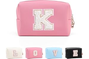 Hbhhpov Small Personalized Initial Letter Makeup Bag,Cute Waterproof PU Leather Chenille Letter Cosmetic Bag Travel Makeup Ba