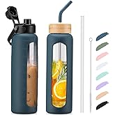 Kodrine Water Bottle with Straw, 24 oz Glass water Bottle with 2 Lids Bamboo Straw Lid and Spout Lid with Handle, 32 oz Clear Water Bottle Glass for Sports Travel, Waterbottle with Time Marker