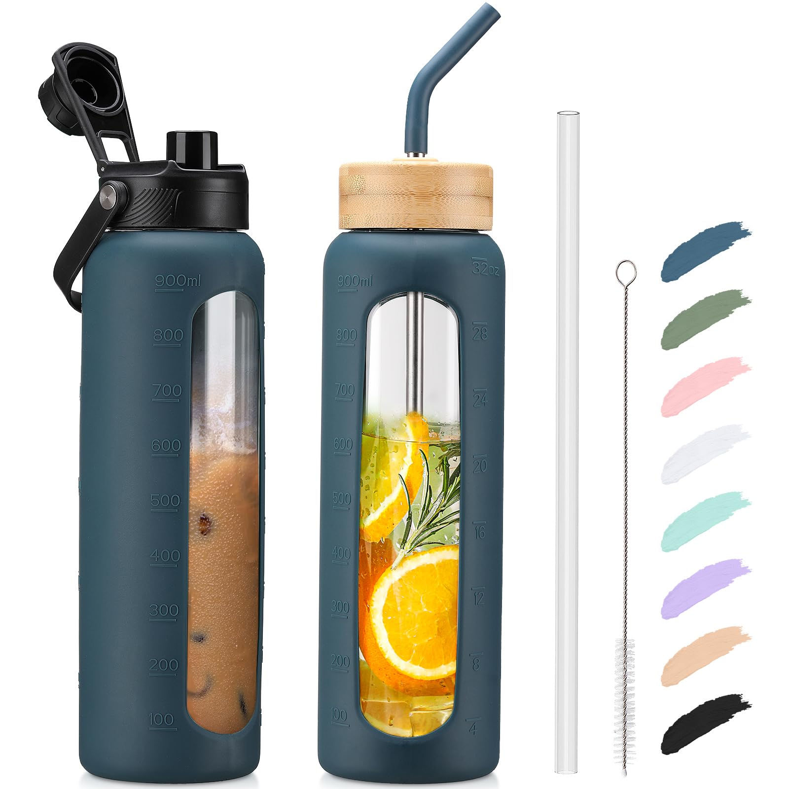 Photo 1 of Kodrine 32oz Glass Water Bottle with Straw, Glass Drinking Bottle with 2 lids-Bamboo and Spout Lid, Leakproof Daily Water Intake Bottle with Time Marker for Home,Outdoor Sports, BPA free, Navy Blue