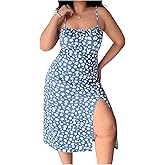 Verdusa Women's Plus Size Floral Thigh Slit Bodycon Dresses Backless Midi Cami Dress