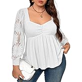 AlvaQ Womens Plus Size Tops Casual Lace Long Sleeve Sweetheart Neck Peplum Ruched Babydoll Shirts Blouse