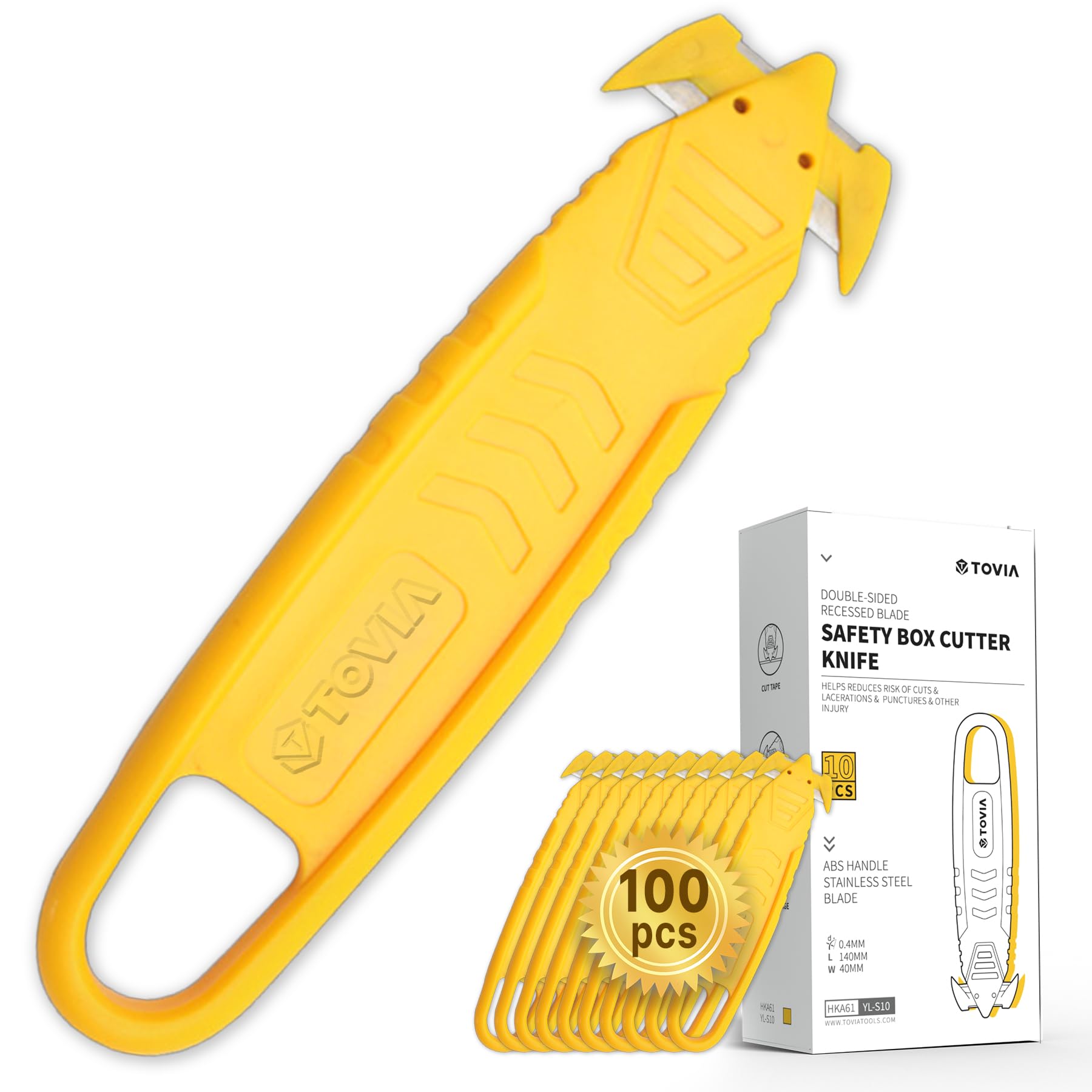 Photo 1 of T TOVIA Safety Box Cutter Knife of Recessed Concealed Stainless Steel Blade, Package Opener Plastic Cutter for Box, Carton, Shrink Wrap, Plastic Straps, 100pcs