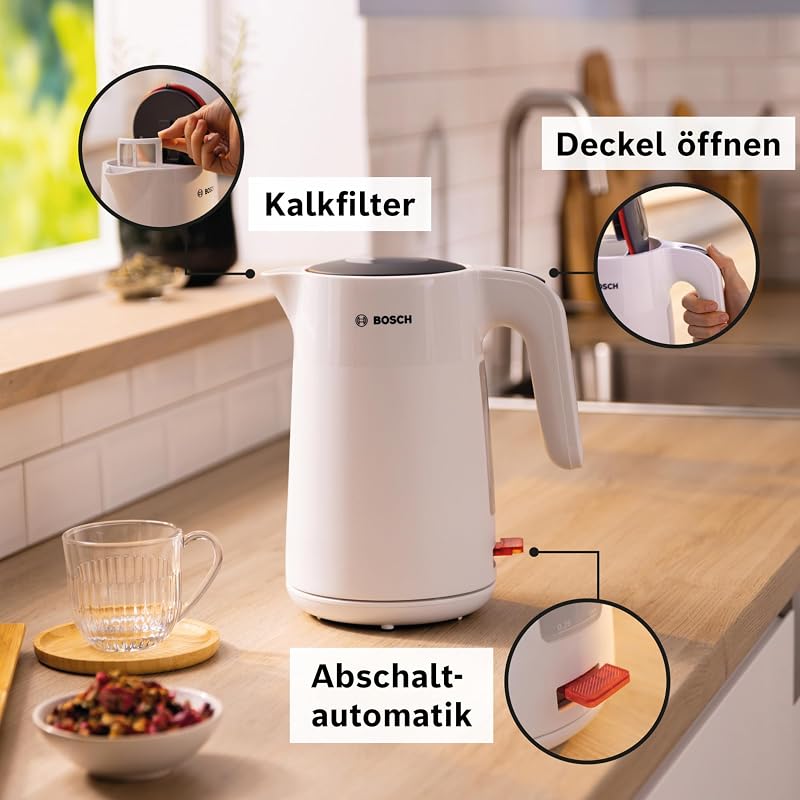 kabelloser Wasserkocher MyMoment TWK2M161, Abschaltautomatik, Überhitzungsschutz, Tassenanzeige, entnehmbarer Kalkfilter, Trockengehschutz, Dampfstopp-Automatik, 1,7 L, 2400 W, Weiß matt