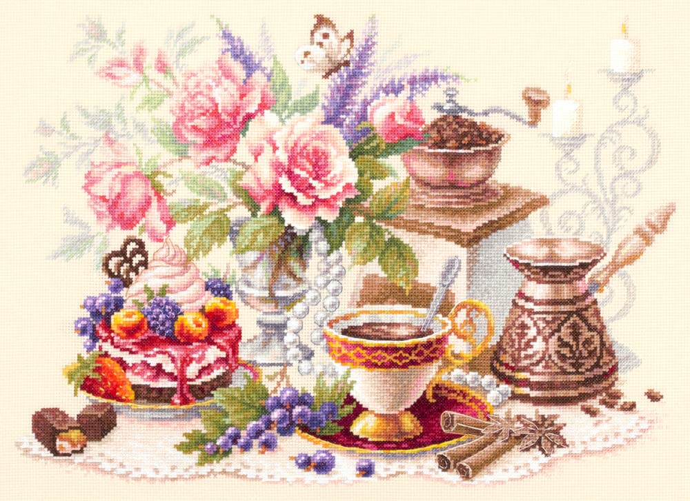 Magic Needle 120-203 ZW Eine Tasse Kaffee Counted Cross Stitch Kit with Counted Pattern Zweigart Edition, Cotton, Multi-Colour, 40 x 28 cm
