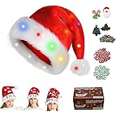 BuerKeo DIY Christmas Hat Set,Santa Hats with LED Lights,48 Letter Sticker,5 Ornaments,Santa Hat for Adults Kids Gifts