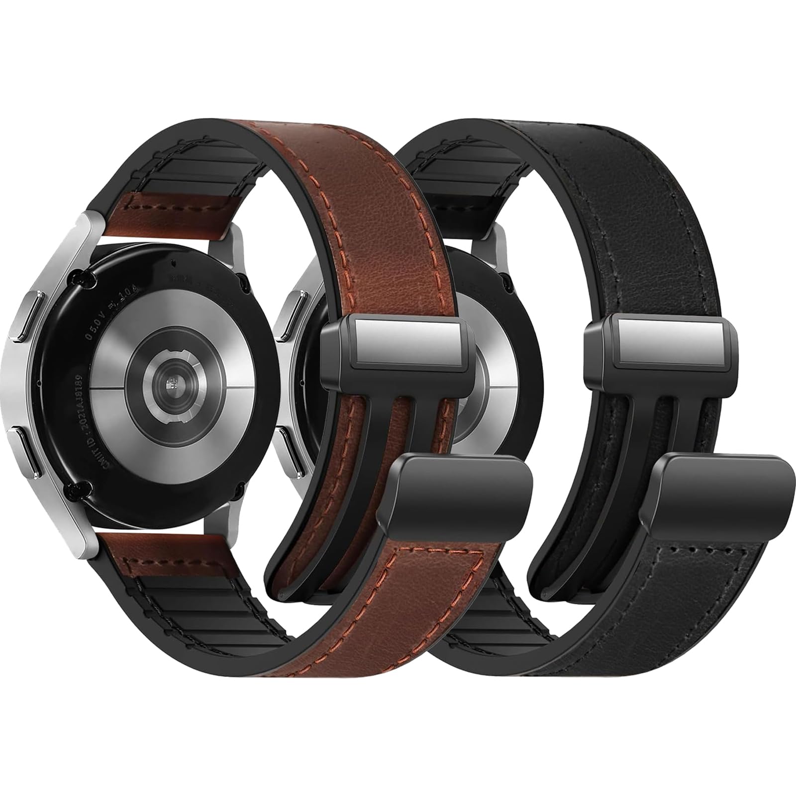 Photo 1 of 2 Pack Magnetic Leather Band Compatible with Samsung Galaxy Watch 7/6/5/4/Active 2 40mm 44mm/Watch 6 Classic 43mm 47mm/Watch 5 Pro 45mm/Watch 4 Classic 42mm 46mm, 20mm Strap for Men (Red Brown&Black)