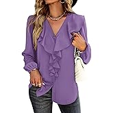 Vrtige Women's V Neck Ruffle Front Button Down Long Sleeve Blouse Top Shirt