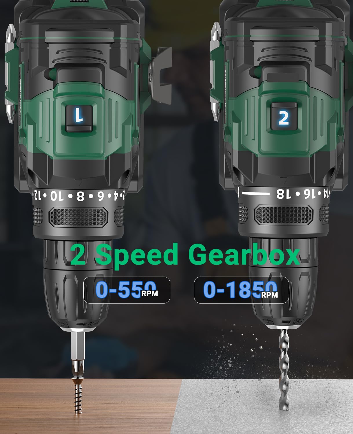 Akkuschrauber Bürstenlos 21V, CEEIGOO Akku Bohrschrauber mit Akku 2000mAh, 42N.m Akku Bohrmaschine, 2 Gang, 18+1 Drehmomentstufen, LED Licht, 20 tlg Zubehöre Set für Haus und Garten DIY Projekt 4
