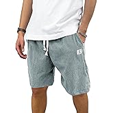PLEPAN Mens Corduroy Shorts Casual Elastic Waist Drawstring Summer Beach Shorts
