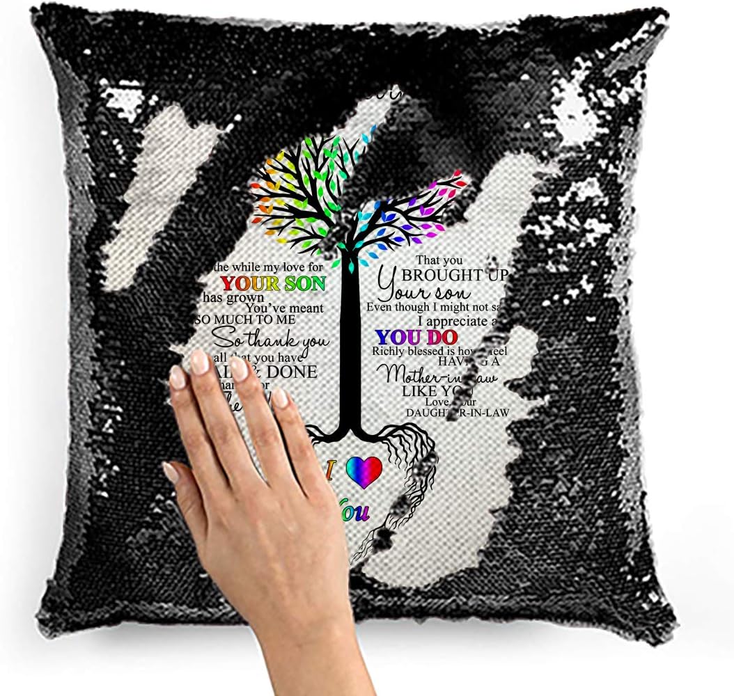 Hat Shark to My Mother in Law Tree Heart Rainbow Sweet Flip Reversible Sequin Pillow Cover Empty DIY Throw Case Decorative Home Decor, Christmas, Birthday, Holiday (Black)